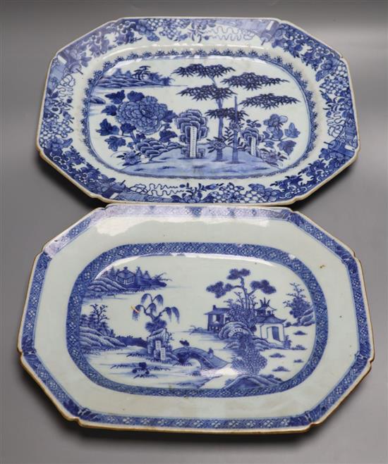 Two 18th century Chinese export blue and white octagonal dishes and a hardwood stand